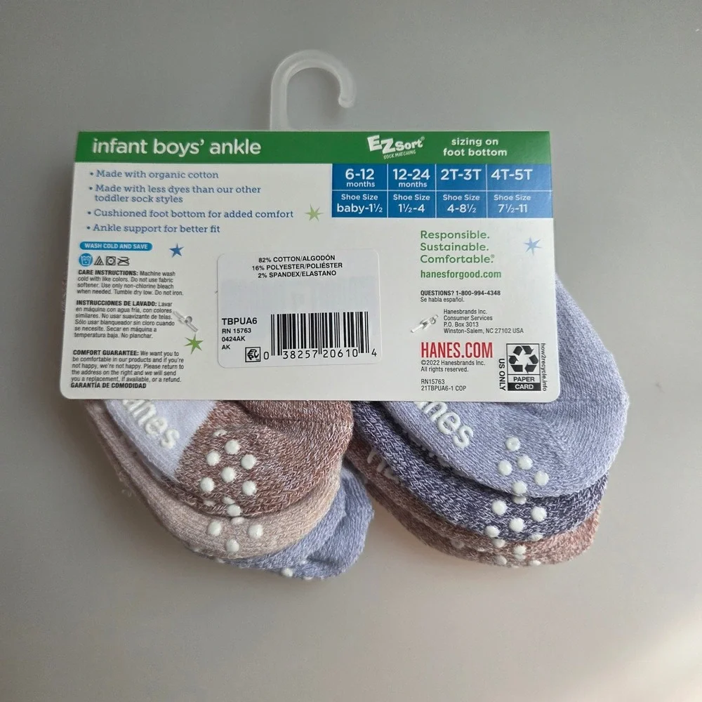 Hanes Pure Comfort Infant Boys Ankle Socks 6 Pairs Organic Cotton 6-12 Months